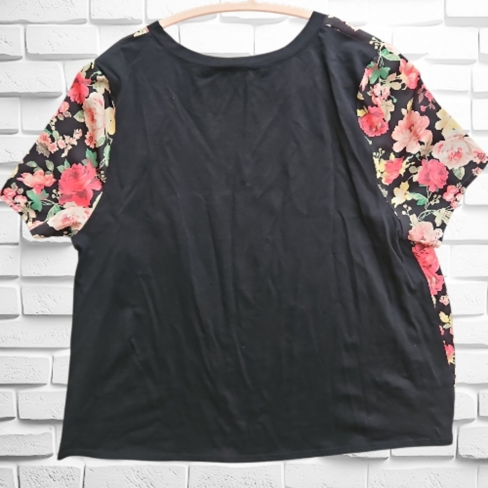 Floral Short-Sleeve Women's Top - Black‎ with Pink & Yellow Flowers - Picture 2 of 6